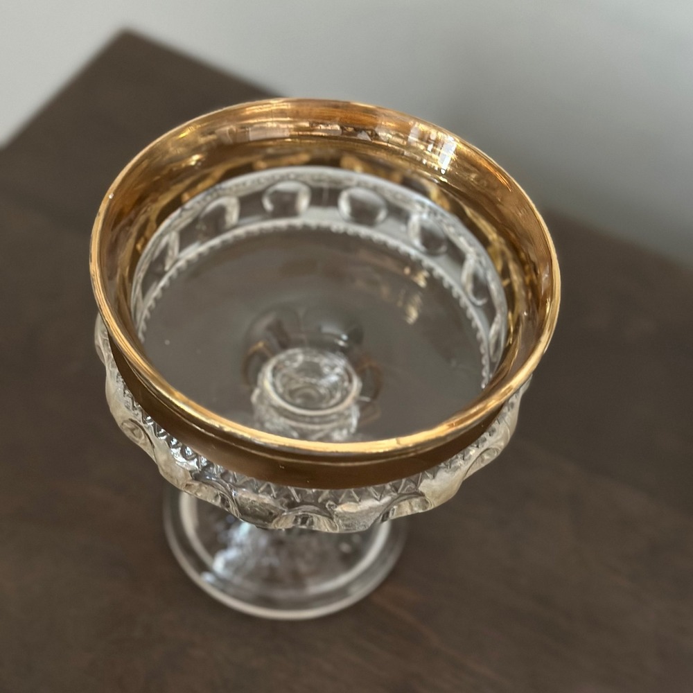 VTG Indiana Glass Kings Crown Thumbprint Pedestal Compote Candy Dish Gold Rimmed - Picture 2 of 8